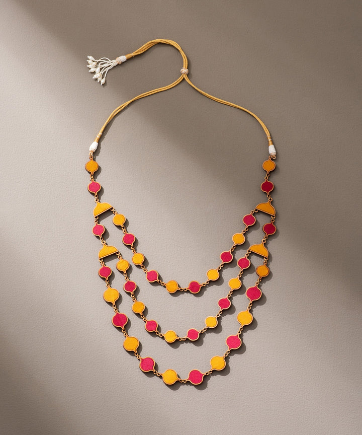 Red festive upcycled fabric repurposed wood elaborate necklace
