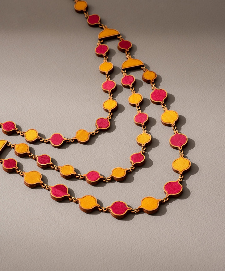 Red festive upcycled fabric repurposed wood elaborate necklace
