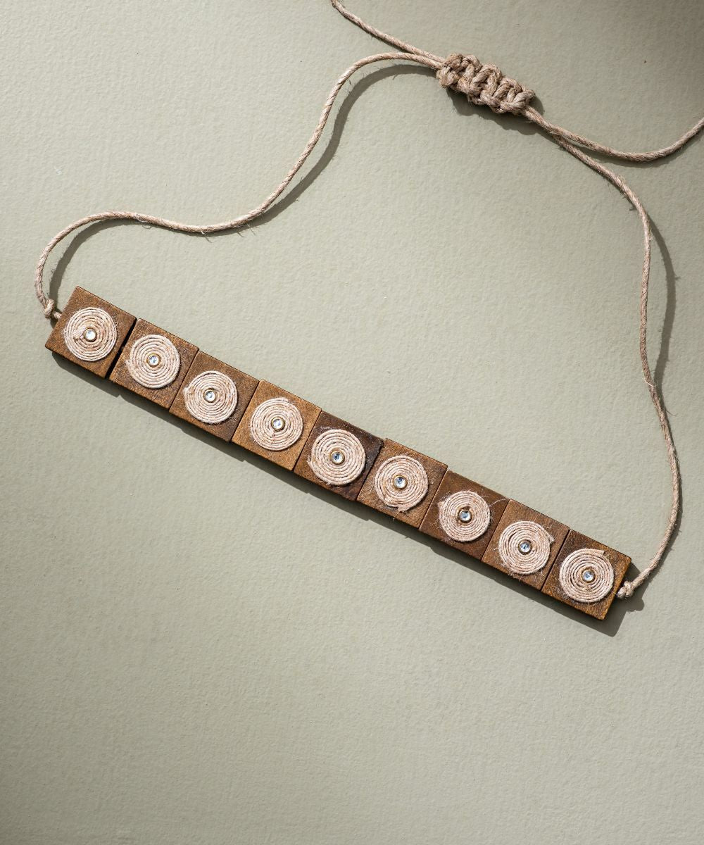 Brown handmade square wooden block jute choker