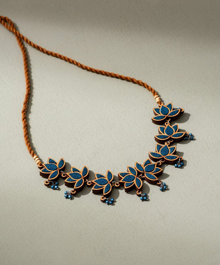 Teal lotus upcycled fabric repurposed wood statement choker