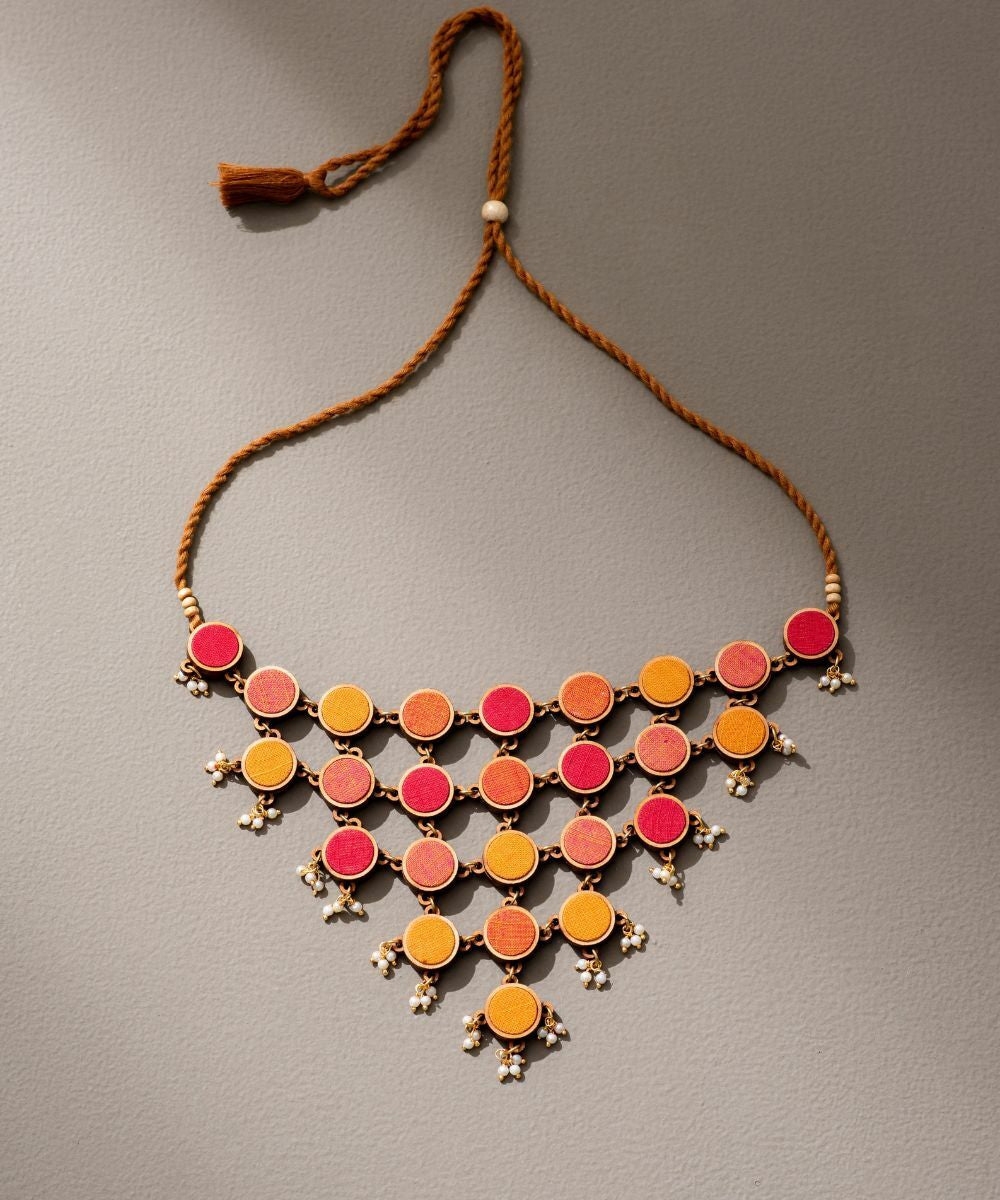 Red orange upcycled fabric repurposed wood statement necklace