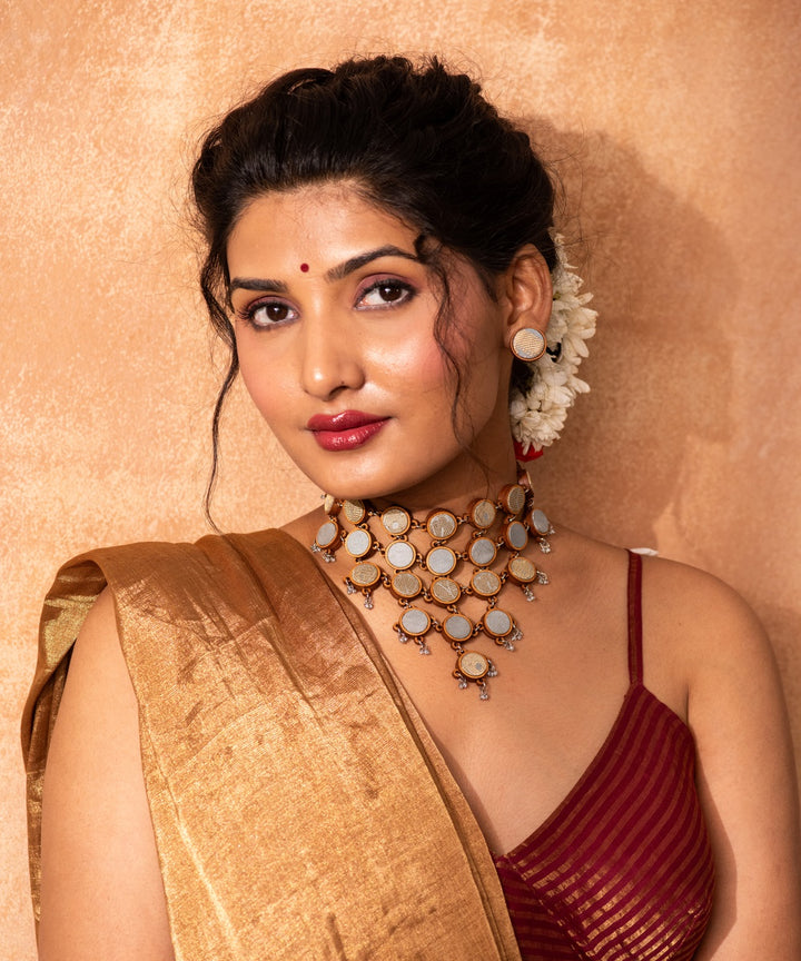 Multicolor handmade necklace upcycled fabric repurposed wood