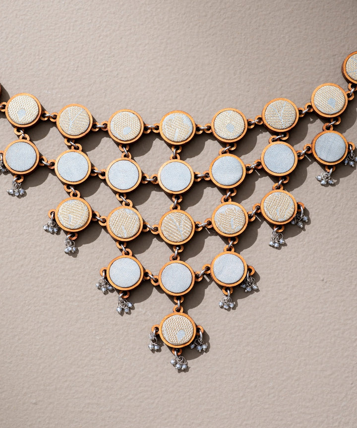 Multicolor handmade necklace upcycled fabric repurposed wood