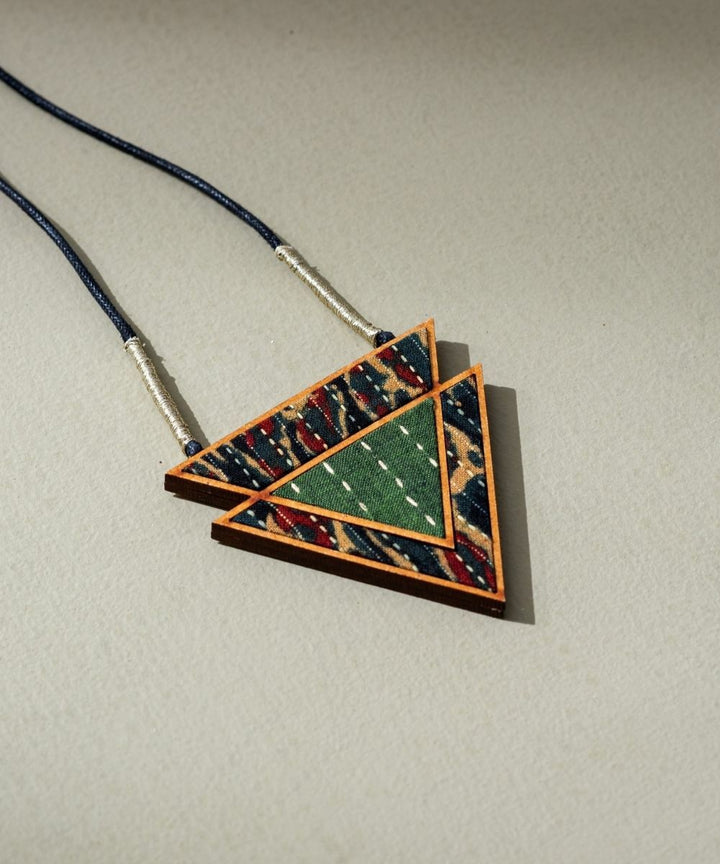 Green upcycled fabric repurposed wood triangular necklace