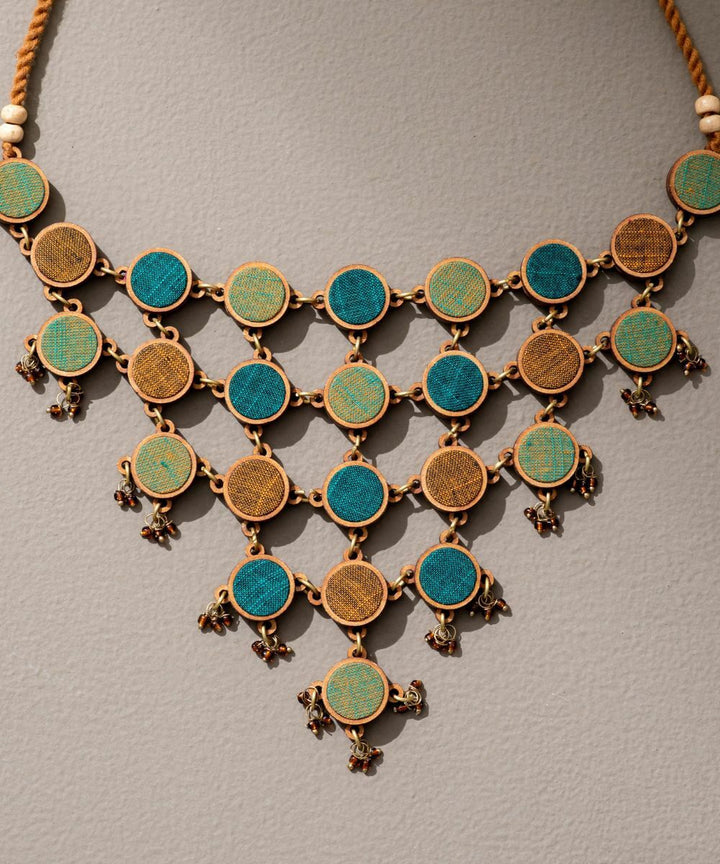 Shades of green upcycled fabric repurposed wood statement necklace