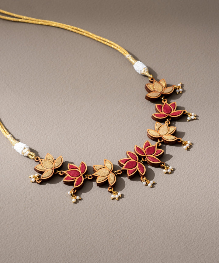 Red gold upcycled fabric repurposed wood handmade choker