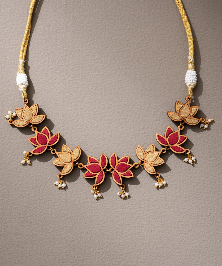 Red gold upcycled fabric repurposed wood handmade choker