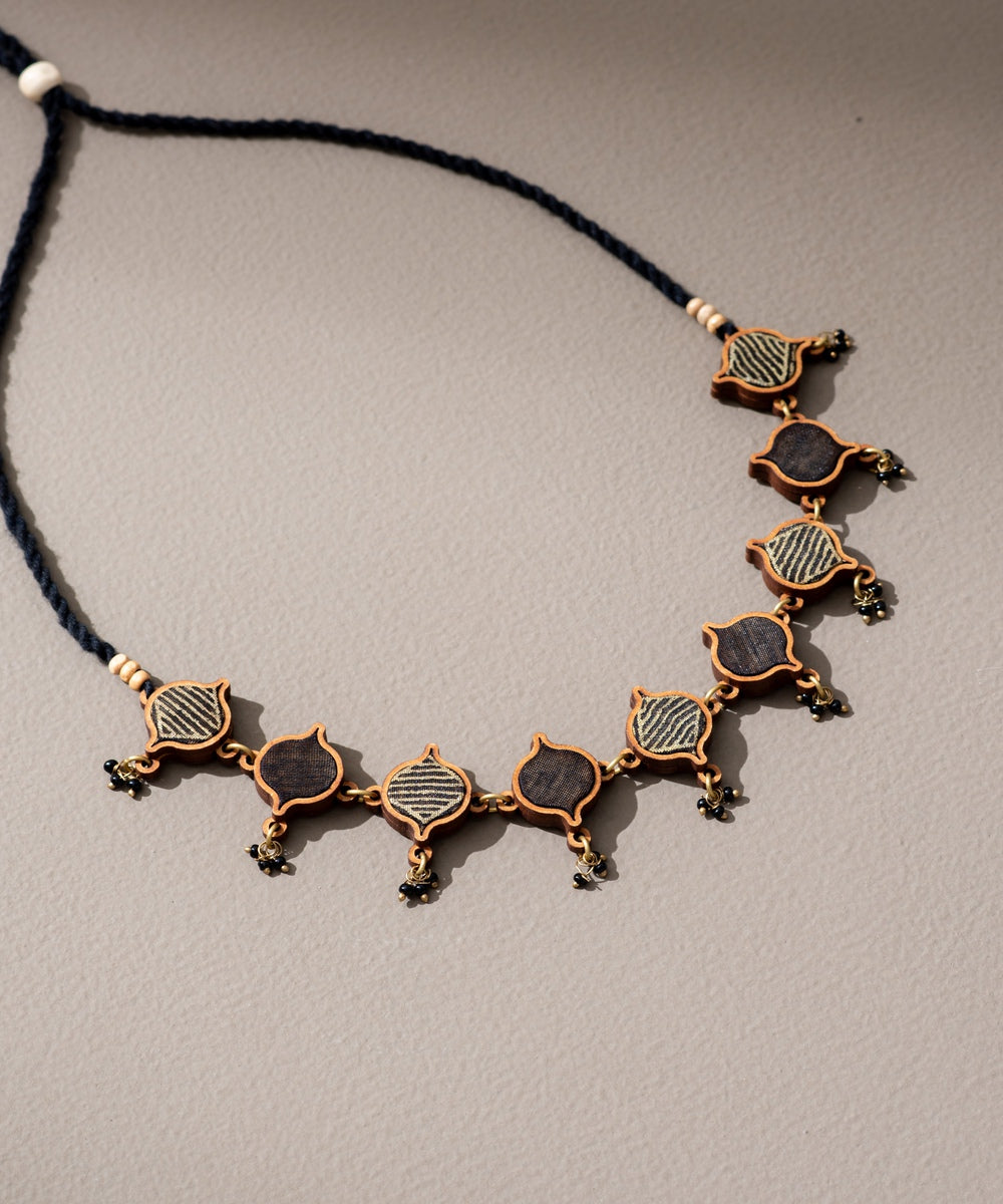 Black festive upcycled fabric repurposed wood choker necklace