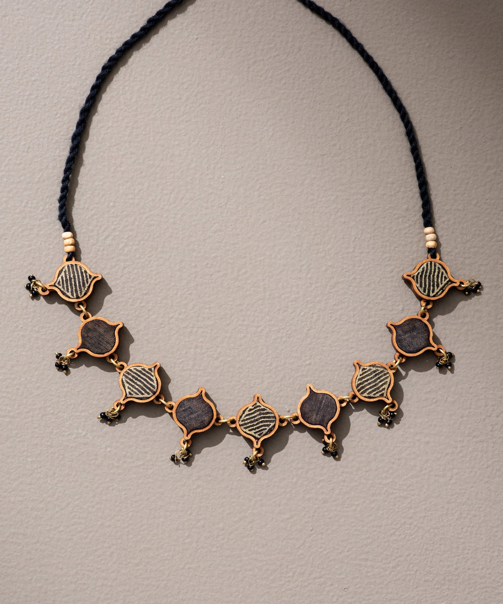 Black festive upcycled fabric repurposed wood choker necklace