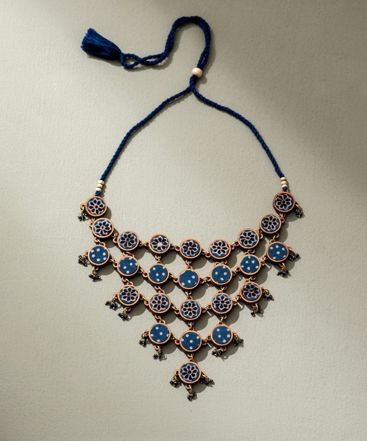 Blue ajrakh upcycled fabric repurposed wood necklace