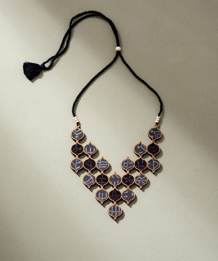 Grey tribal motives repurposed fabric wood statement necklace
