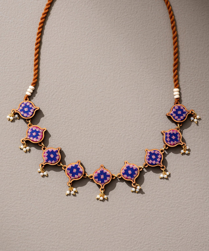 Blue brocade repurposed fabric wood adjustable necklace