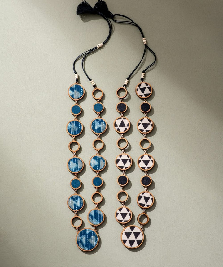 Reversible 2-in-1 blue black repurposed fabric wood necklace