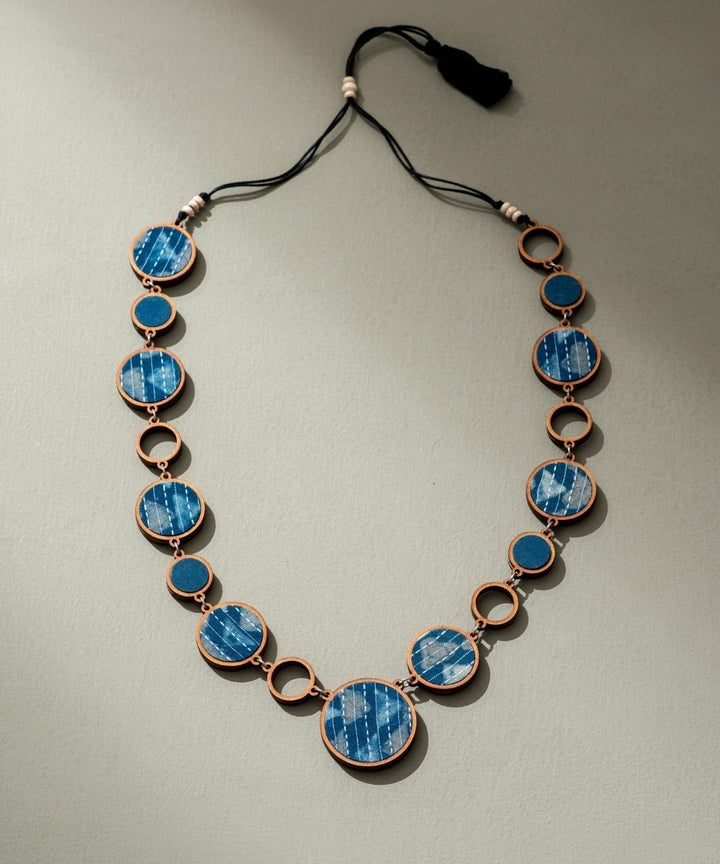 Reversible 2-in-1 blue black repurposed fabric wood necklace