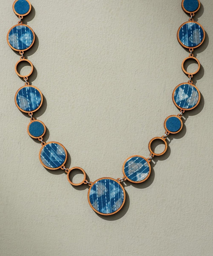 Reversible 2-in-1 blue black repurposed fabric wood necklace