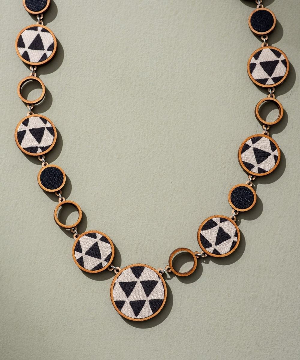 Reversible 2-in-1 blue black repurposed fabric wood necklace