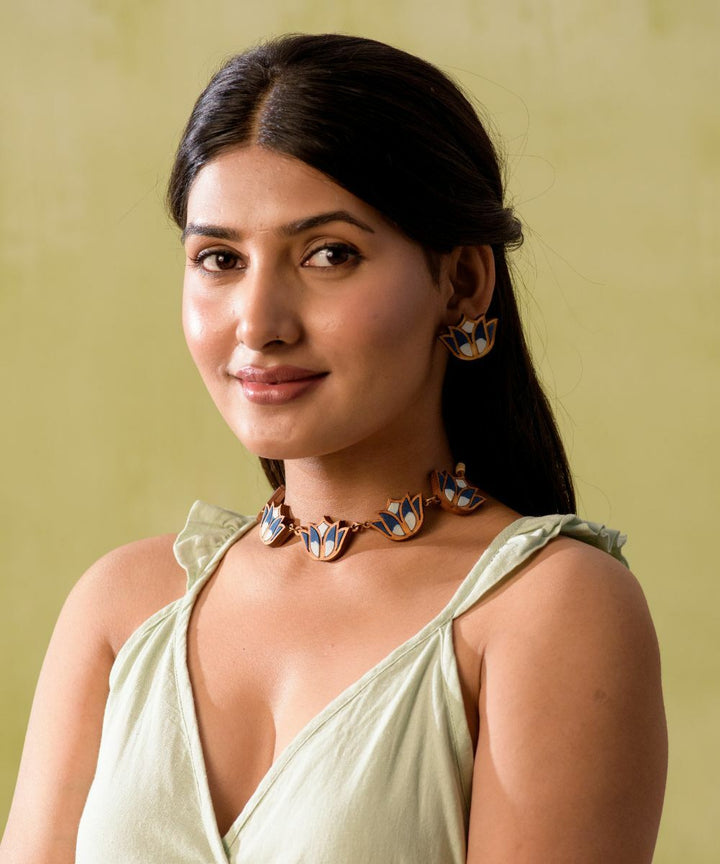 Indigo handmade bloom lotus upcycled fabric repurposed wood necklace