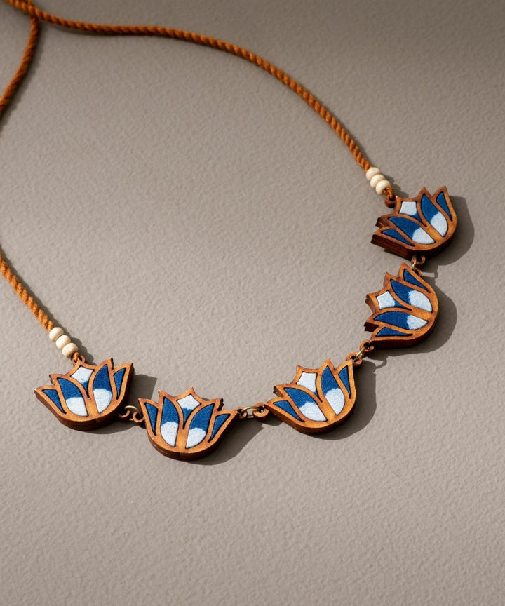 Indigo handmade bloom lotus upcycled fabric repurposed wood necklace
