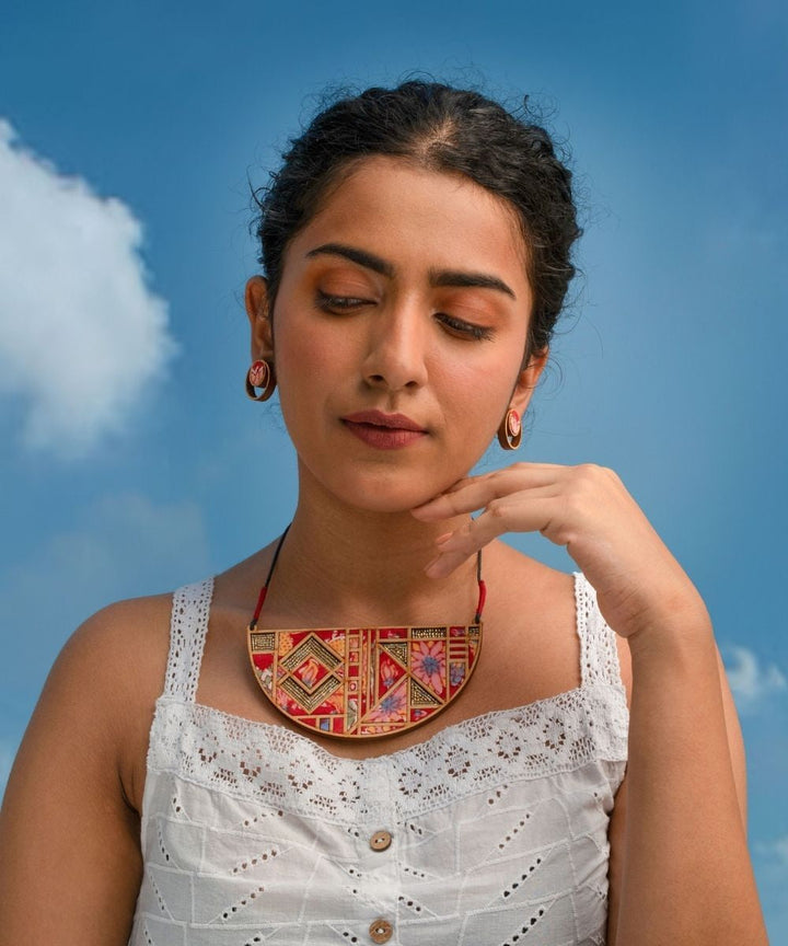 Pink bloom leaf motif repurposed fabric and wood necklace