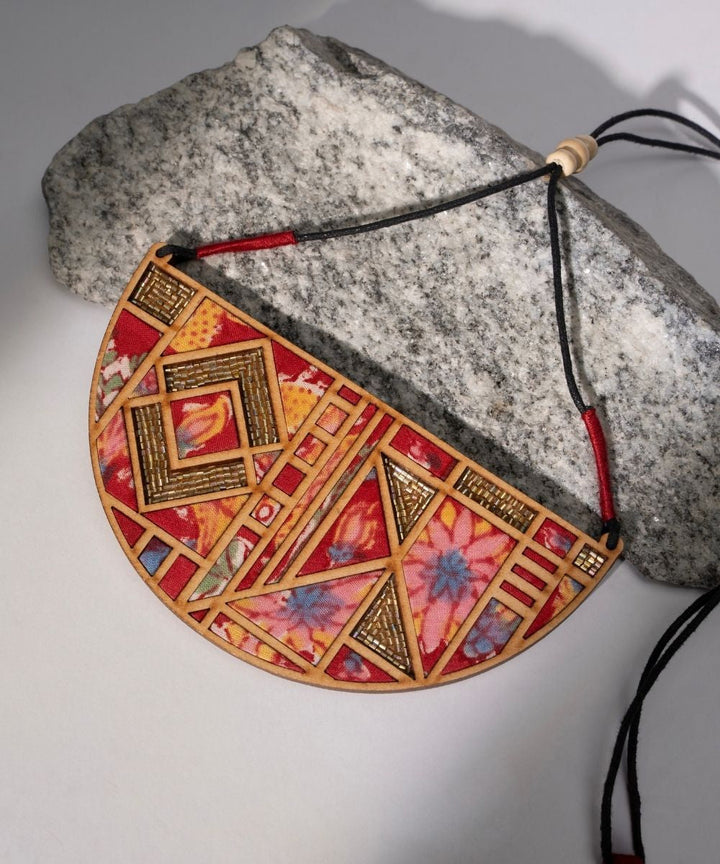 Pink bloom leaf motif repurposed fabric and wood necklace