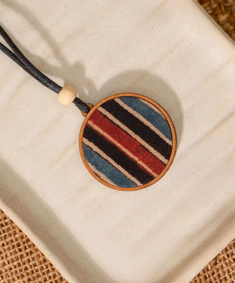 Multicolor blue round repurposed fabric and wood pendant