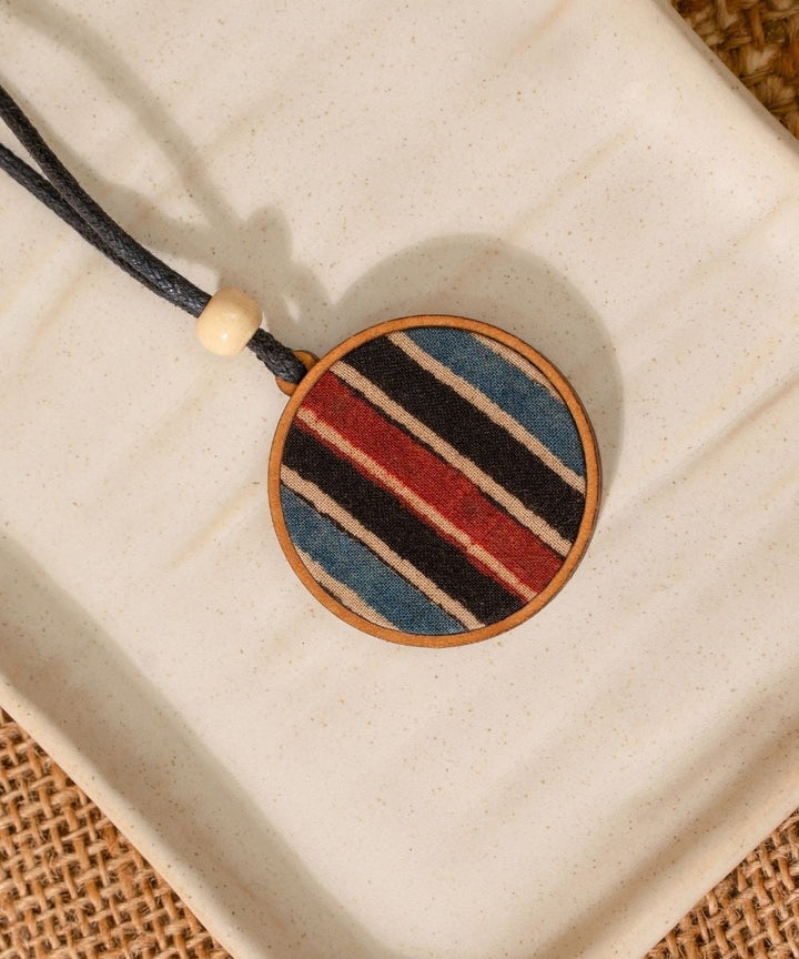 Multicolor blue round repurposed fabric and wood pendant