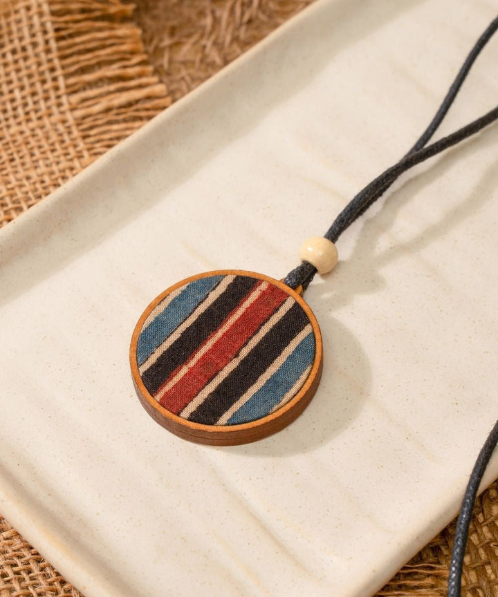 Multicolor blue round repurposed fabric and wood pendant