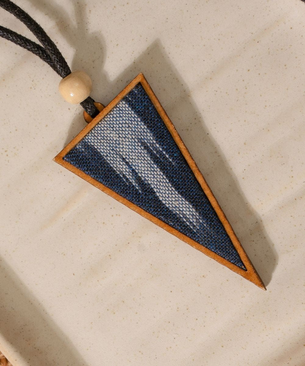 Blue repurposed fabric and wood triangular pendant