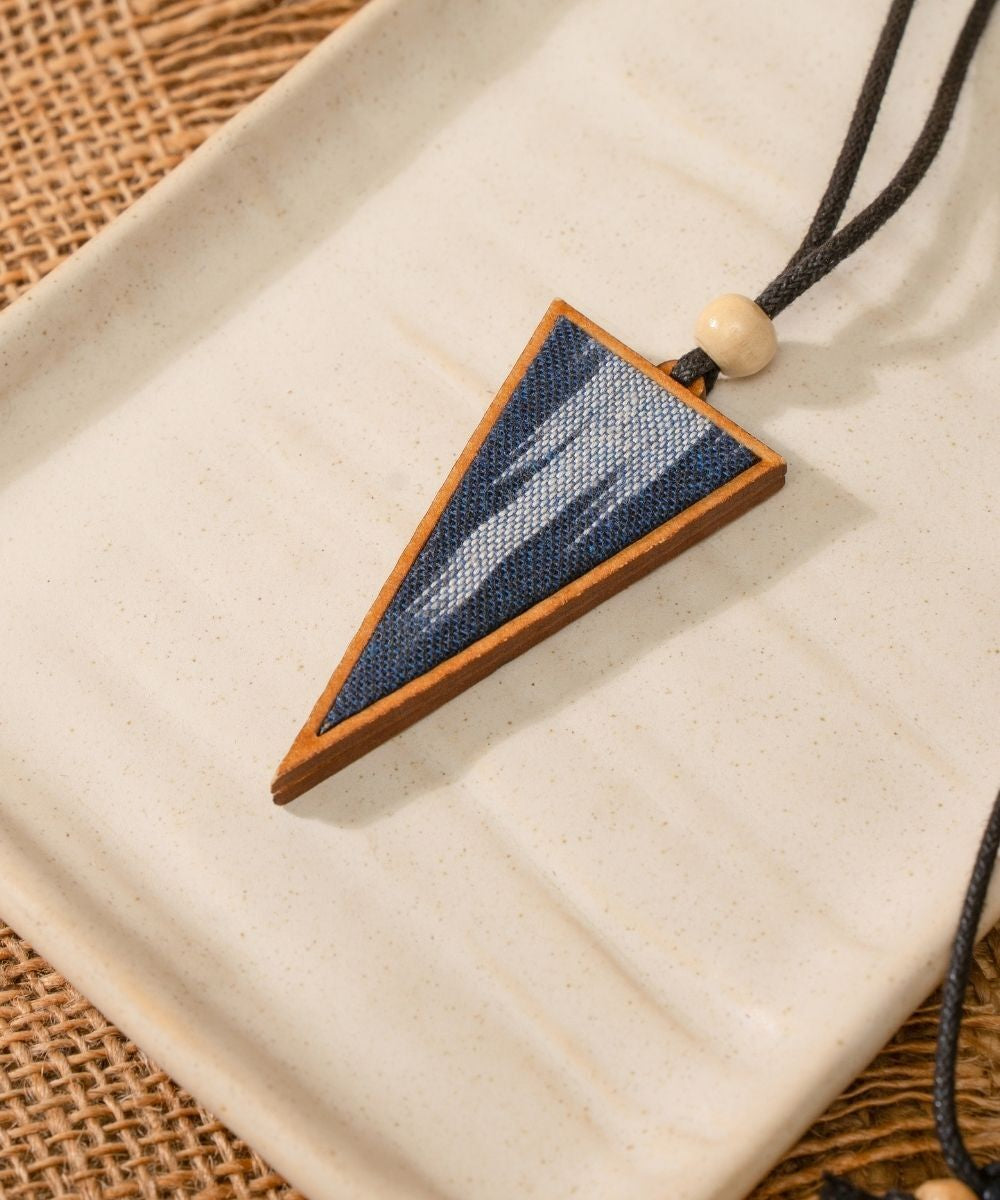 Blue repurposed fabric and wood triangular pendant