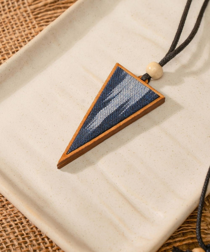 Blue repurposed fabric and wood triangular pendant