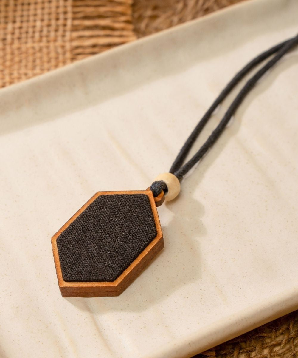 Black repurposed fabric and wood pendant