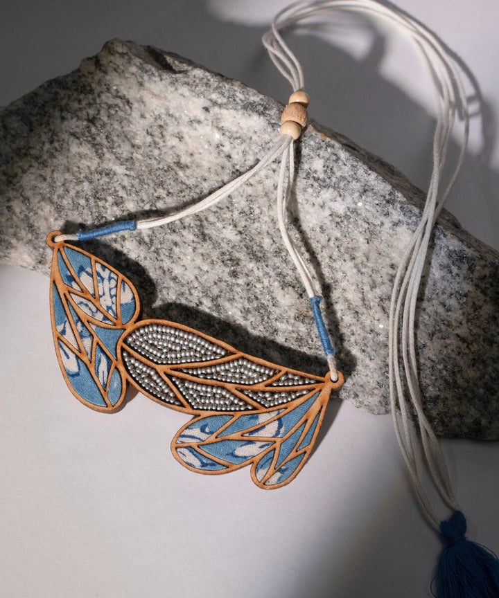 Blue bloom handmade leaf motif repurposed fabric wood necklace