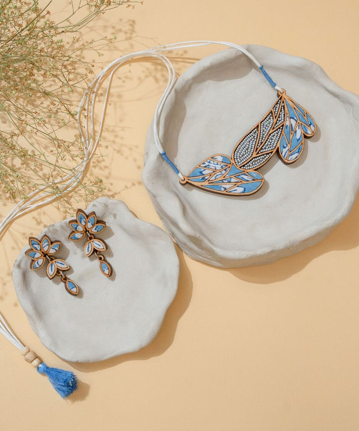 Blue bloom handmade leaf motif repurposed fabric wood necklace
