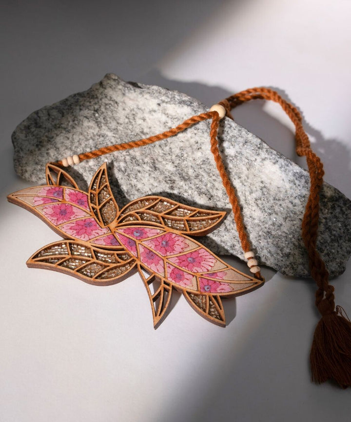 Pink bloom handmade leaf motif repurposed fabric wood necklace