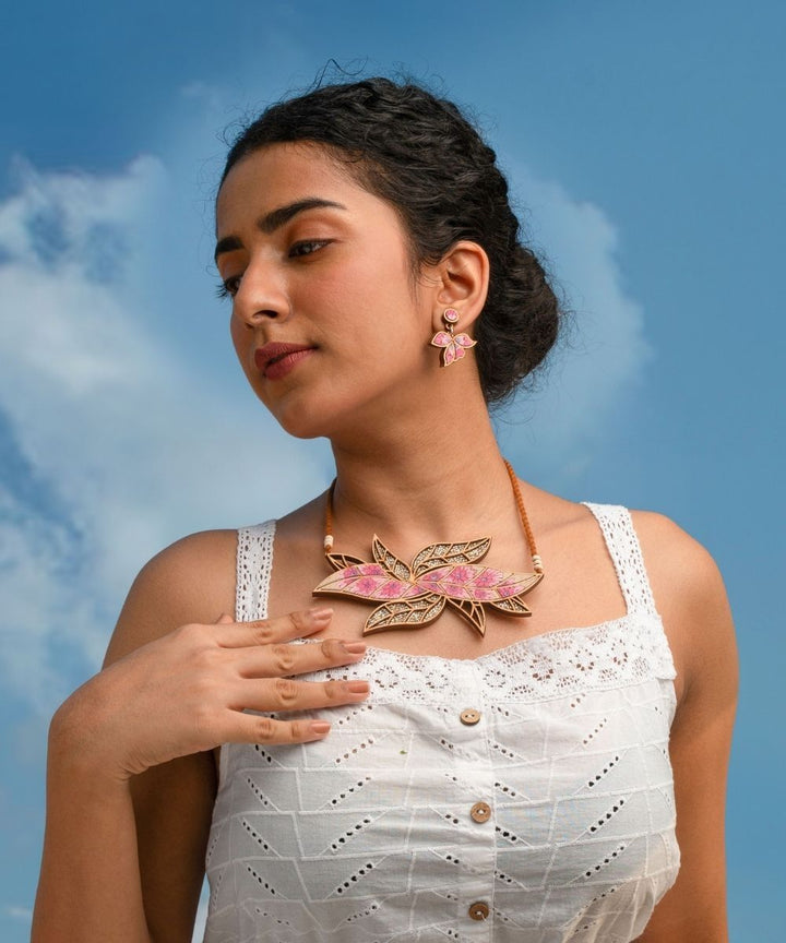 Pink bloom handmade leaf motif repurposed fabric wood necklace