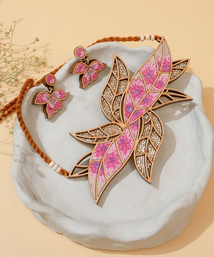 Pink bloom handmade leaf motif repurposed fabric wood necklace