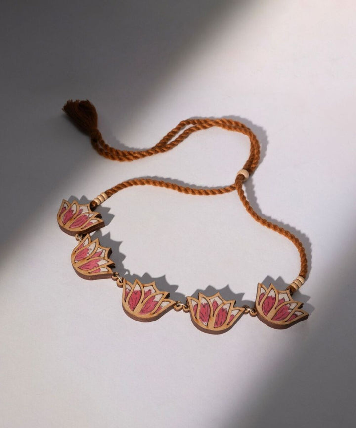 Pink bloom lotus handmade repurposed fabric wood necklace