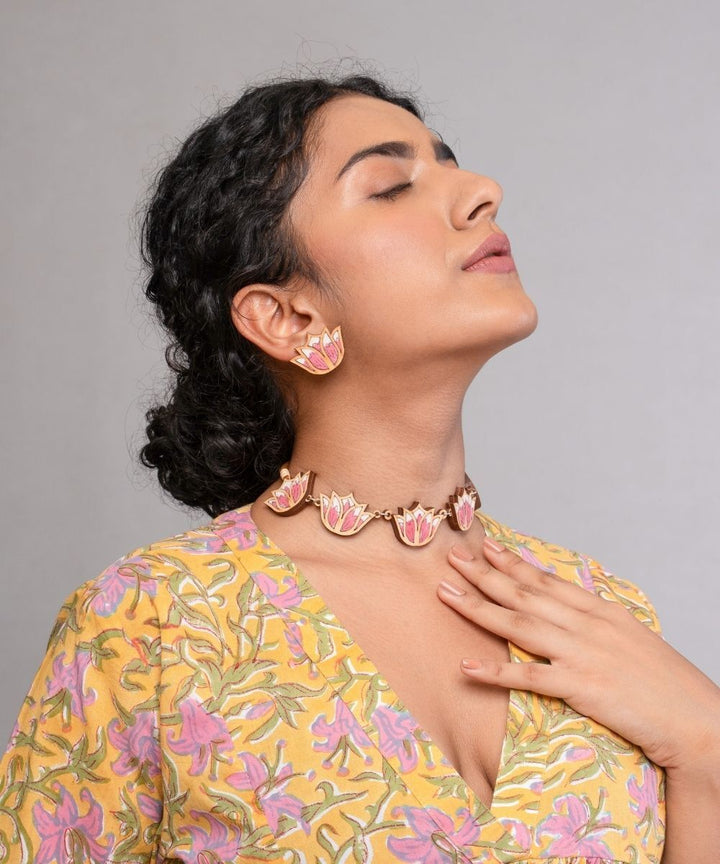 Pink bloom lotus handmade repurposed fabric wood necklace