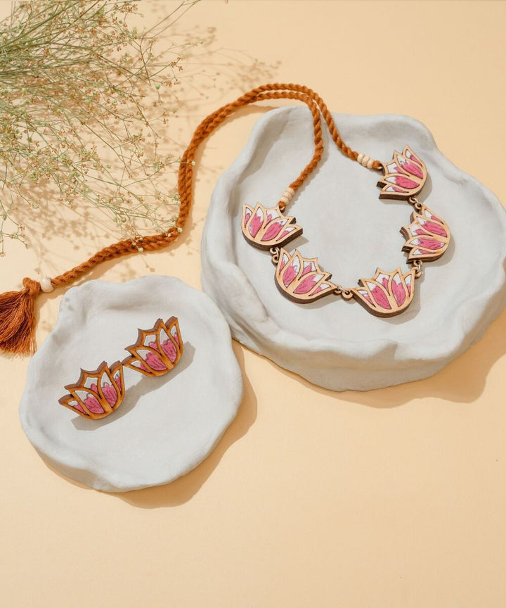 Pink bloom lotus handmade repurposed fabric wood necklace