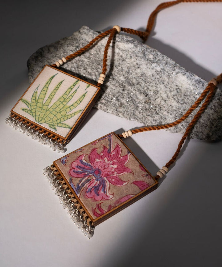 Pink green floral two in one Square repurposed fabric wood pendant