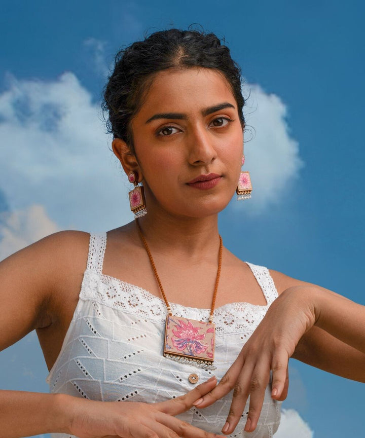 Pink green floral two in one Square repurposed fabric wood pendant