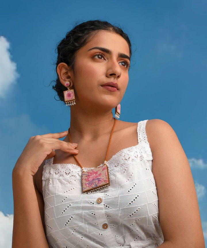 Pink green floral two in one Square repurposed fabric wood pendant