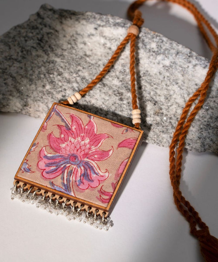 Pink green floral two in one Square repurposed fabric wood pendant