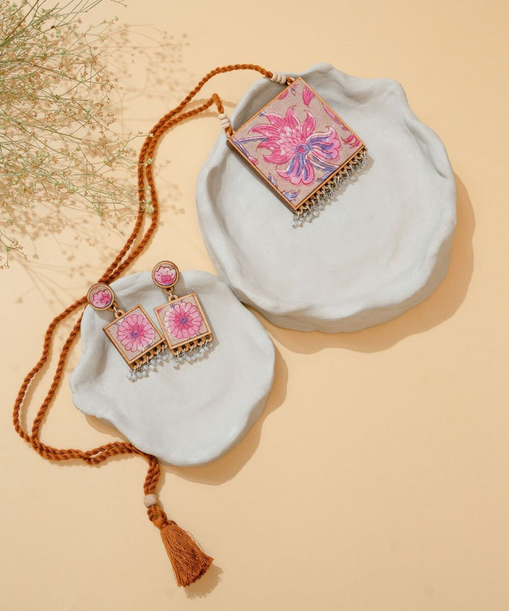 Pink green floral two in one Square repurposed fabric wood pendant