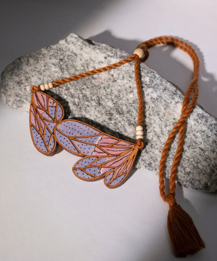 Purple bloom handmade leaf motif repurposed fabric wood necklace
