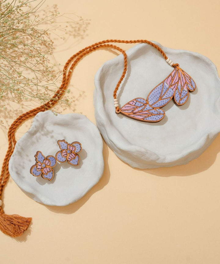 Purple bloom handmade leaf motif repurposed fabric wood necklace