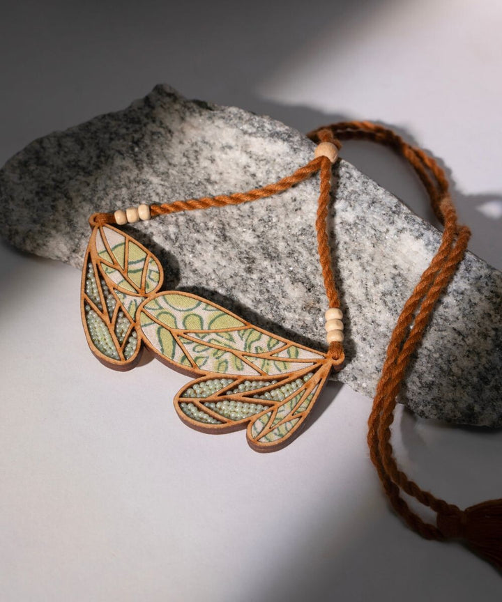 Green bloom handmade leaf motif repurposed fabric wood necklace