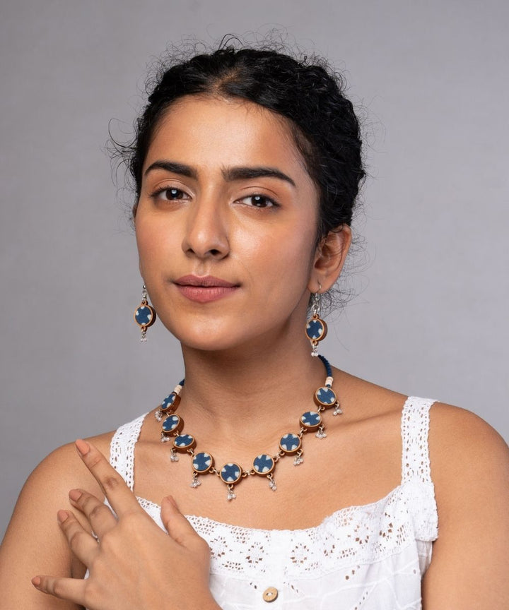 Indigo blue handmade repurposed fabric wood choker