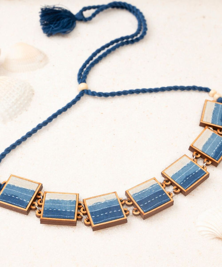 Shades of indigo blue handmade repurposed fabric wood square choker