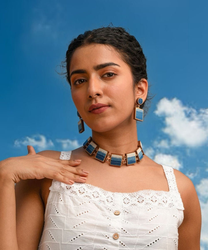 Shades of indigo blue handmade repurposed fabric wood square choker